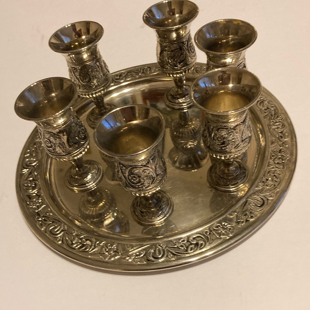 Vintage Silver Plate Tray With 6 Silver Absolutely Gorgeous Wine Cups from 1970s
